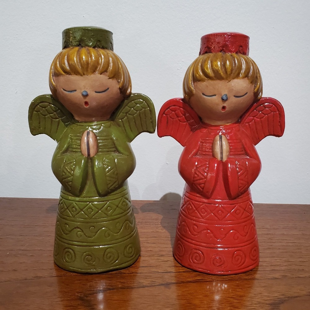 Pair of praying angel candle stick‎ holders, red and green, Christmas, Pottery